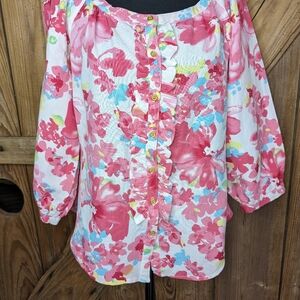 Sherry Taylor Women's Floral Blouse Sz XL button down ruffle X-1